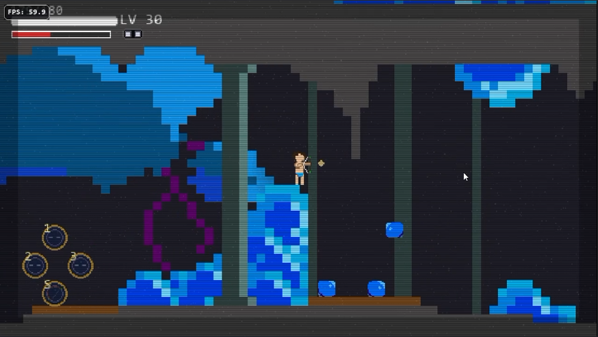 Jogador usando arco contra slimes azuis