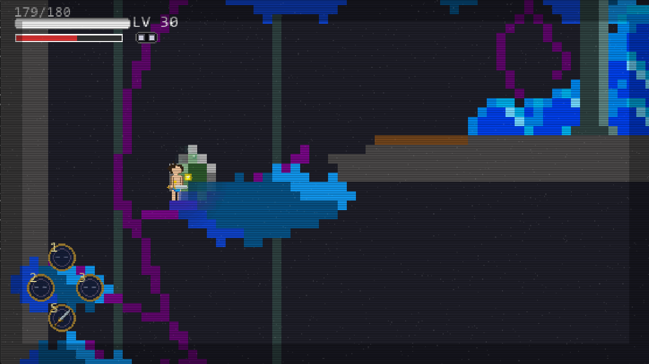 Jogador explorando formações azuis da dungeon