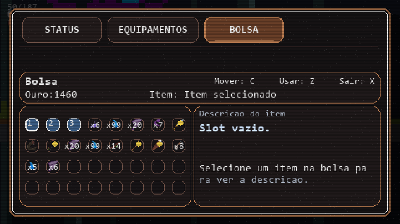 Inventário em grade com itens coletados