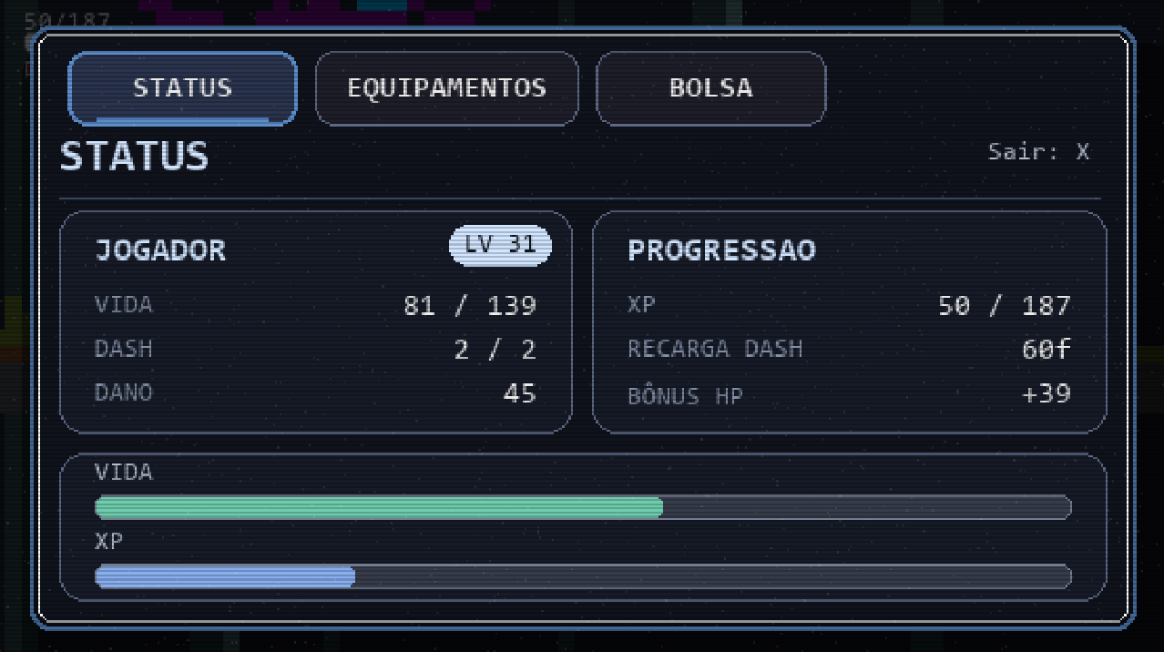 Tela de atributos e progressão do jogador