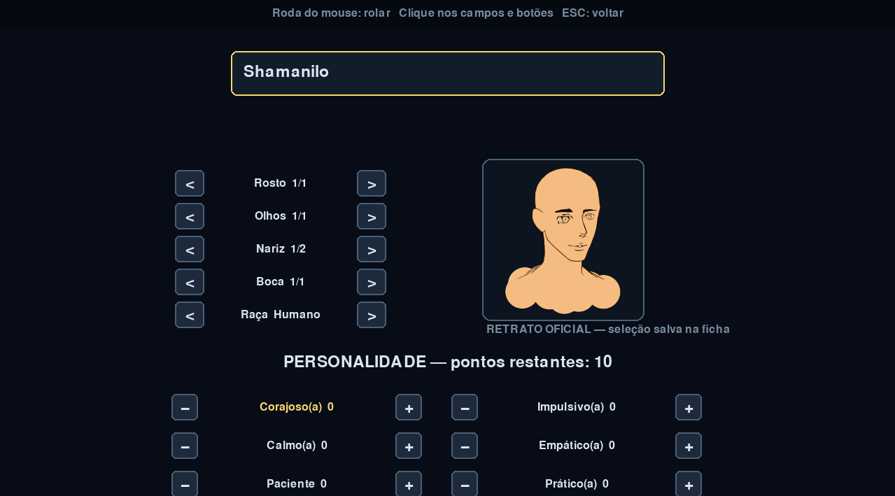 Tela de criação de personagem do RPG Core
