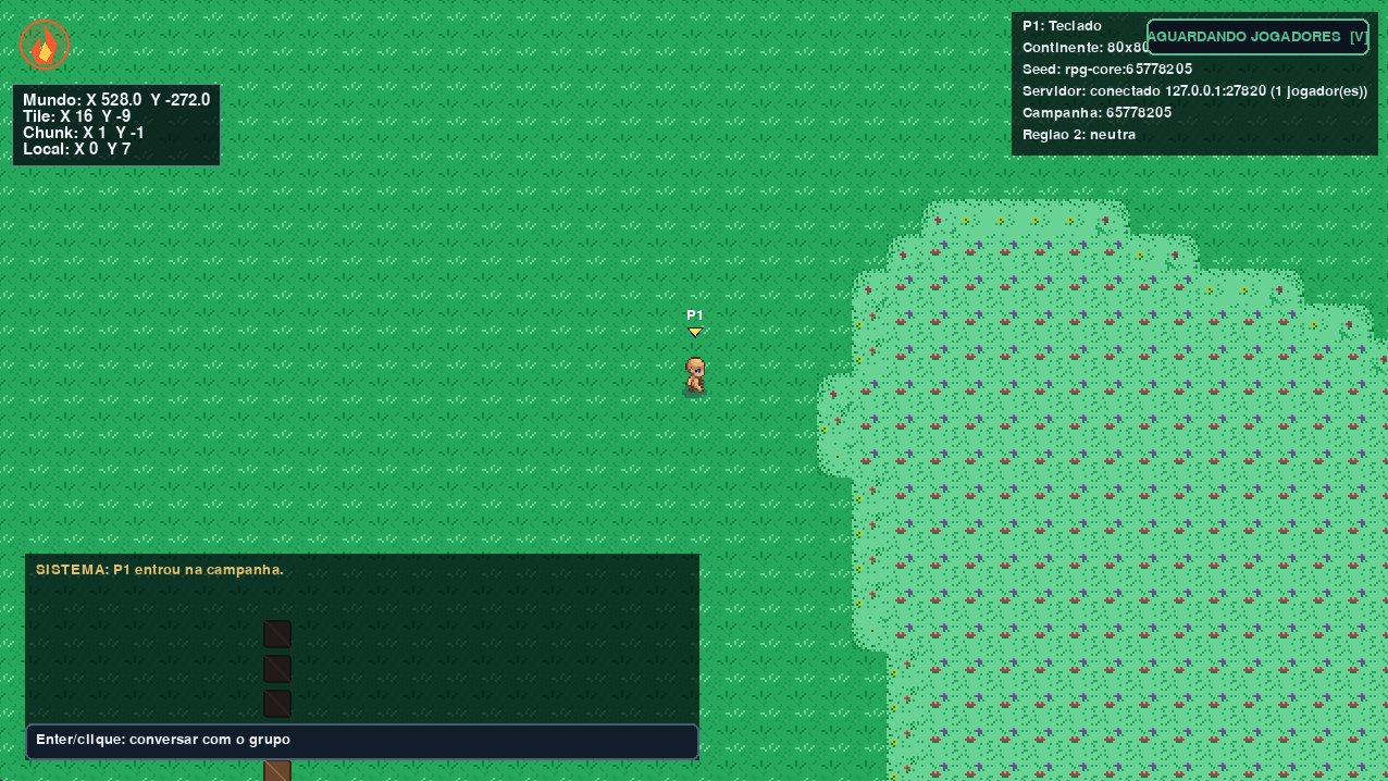 Personagem explorando o mundo do RPG Core com chat do grupo aberto