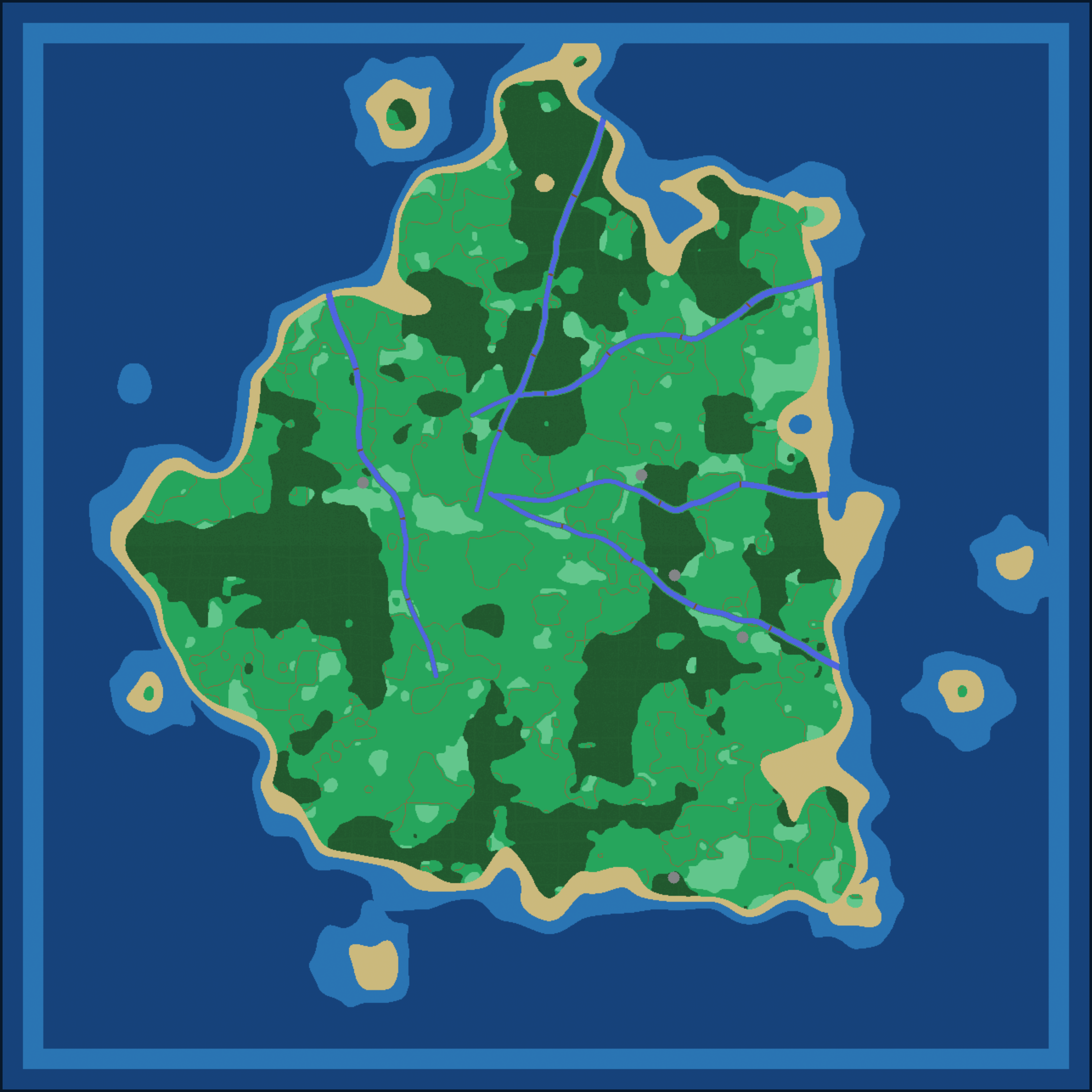 Versão atual do mapa, com florestas, diferentes regiões e rios atravessando o continente