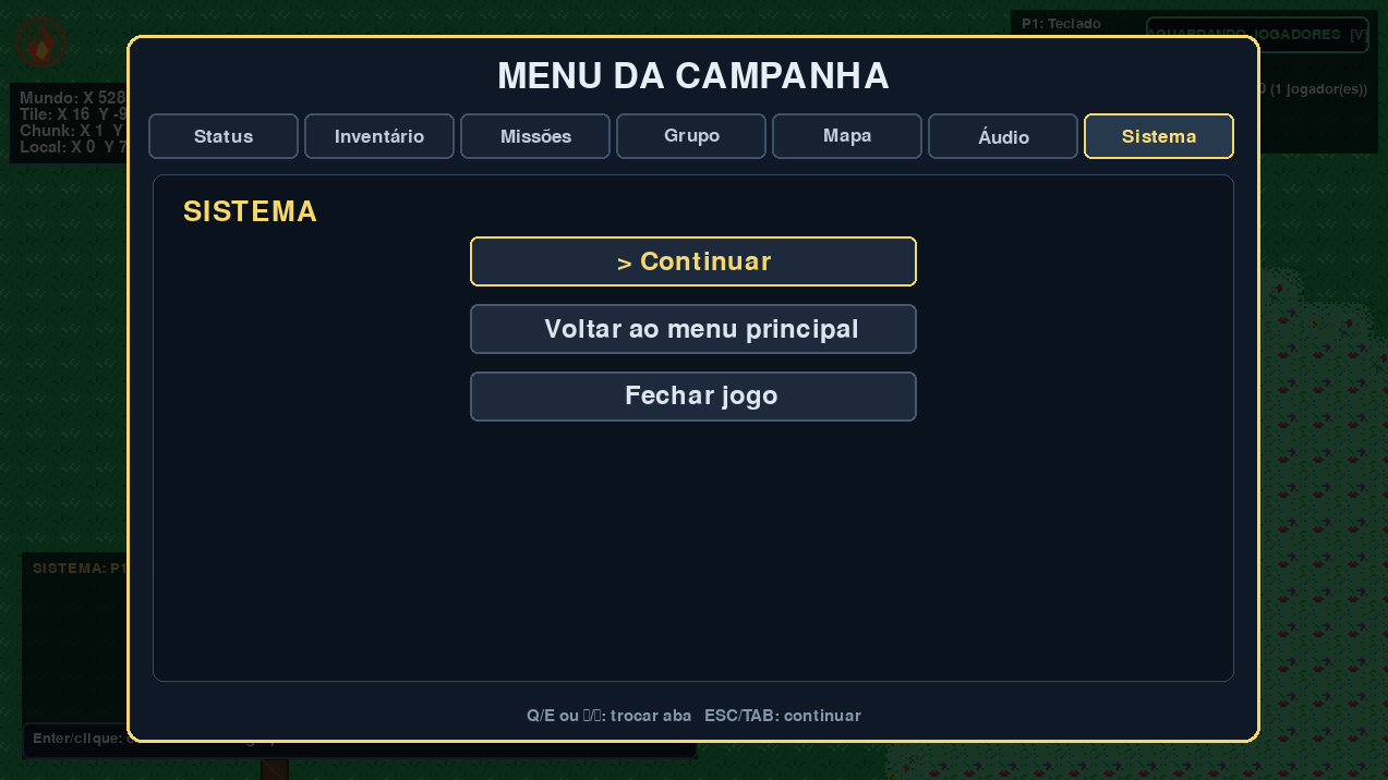 Menu interno de uma campanha do RPG Core