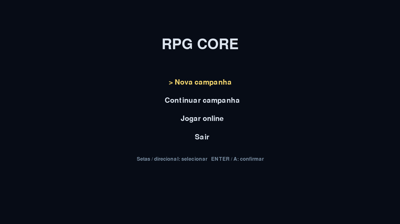 Menu principal do RPG Core com opções de campanha local e online